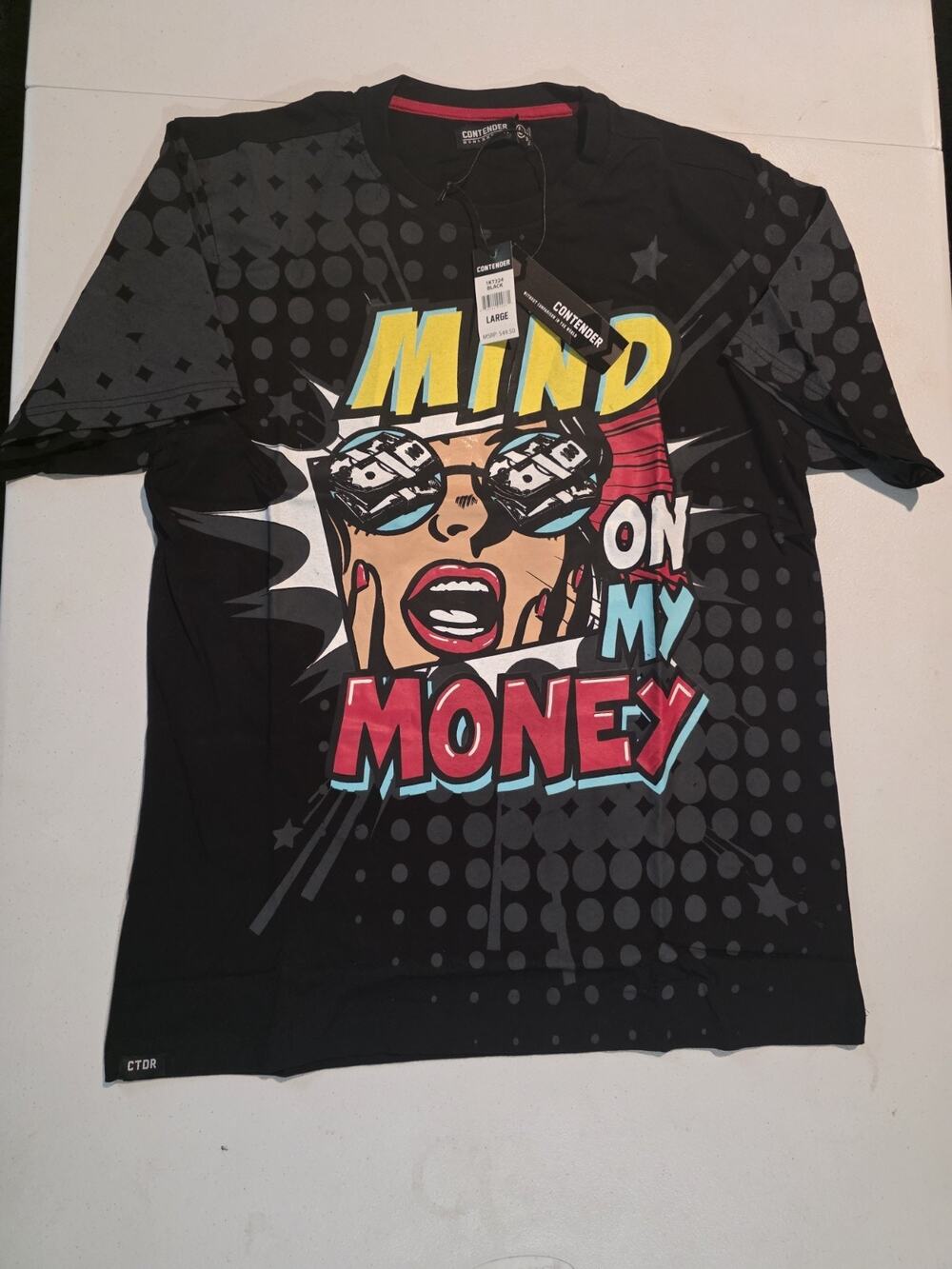 Contender Mind On My Money Graphic Black Men's Crew Neck Shirt Regular Large NWT
